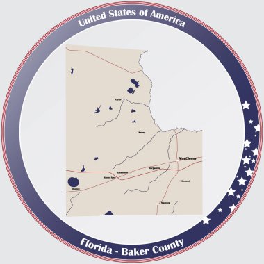 Florida, ABD 'deki Baker County' nin detaylı haritasıyla yuvarlak düğme..