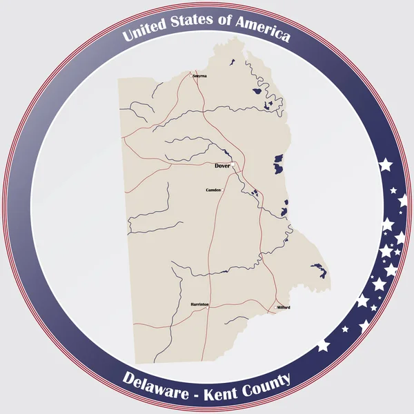 Ronde Knop Met Gedetailleerde Kaart Van Kent County Delaware Verenigde — Stockvector