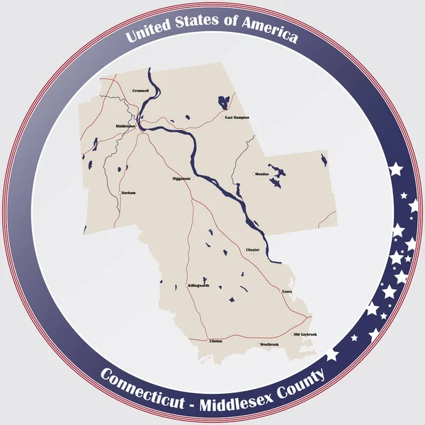 Botón Redondo Con Mapa Detallado Condado Middlesex Connecticut Estados Unidos — Archivo Imágenes Vectoriales