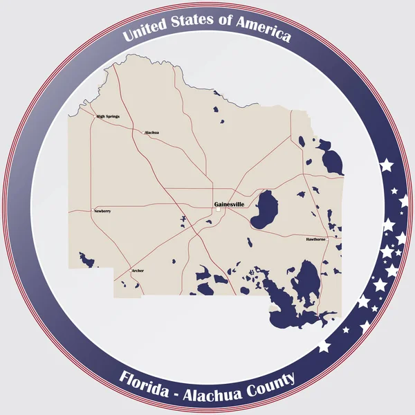 Круглая Кнопка Подробной Картой Округа Алачуа Флориде Сша — стоковый вектор