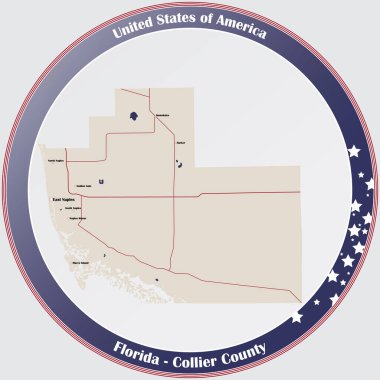 Florida, ABD 'deki Collier County' nin detaylı haritasıyla yuvarlak düğme..