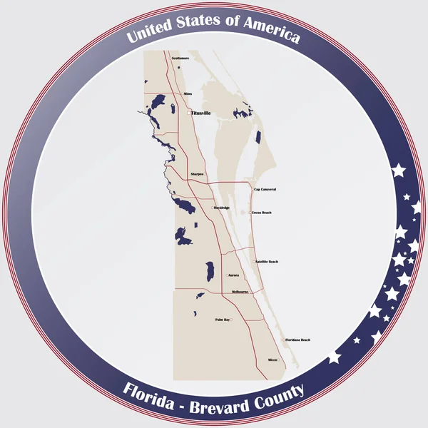 Botón Redondo Con Mapa Detallado Condado Brevard Florida Estados Unidos — Vector de stock