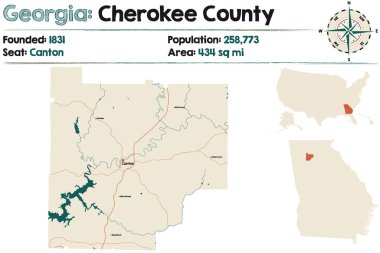 Gürcistan, ABD 'deki Cherokee ilçesinin geniş ve ayrıntılı haritası..