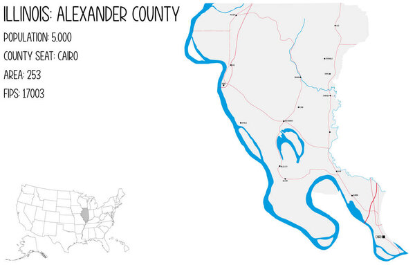 Большая и подробная карта округа Александер в Иллинойс, США.