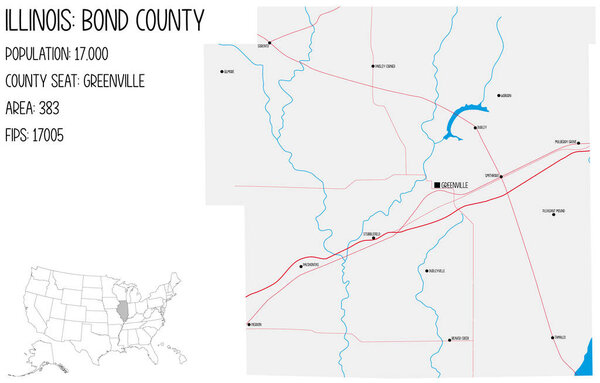 Большая и подробная карта округа Бонд в Иллинойс, США.