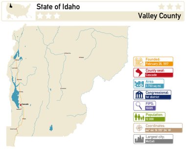 Idaho ABD 'deki Valley County' nin ayrıntılı bilgi ve haritası.