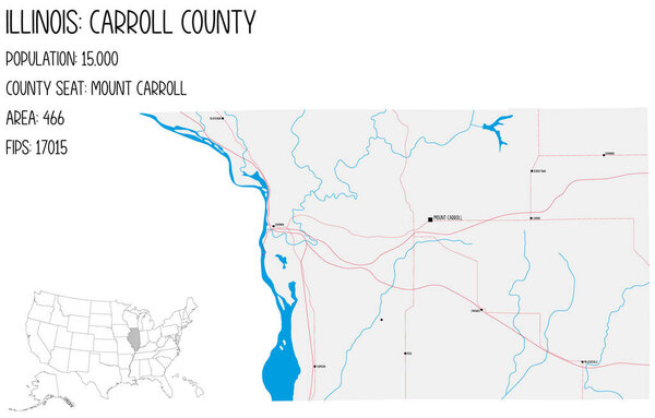 Большая и подробная карта округа Кэрролл в Иллинойс, США.