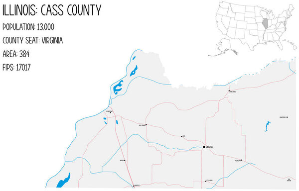 Большая и подробная карта округа Касс в Иллинойс, США.