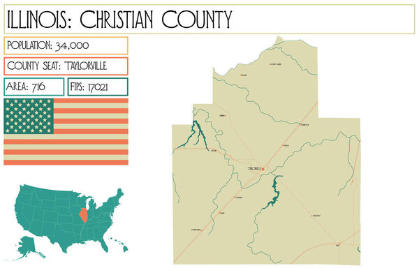 Детальная карта округа Кристиан в Иллинойс, Соединенные Штаты Америки (США).