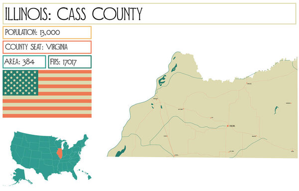 Детальная карта округа Касс в Иллинойс, Соединенные Штаты Америки (США).