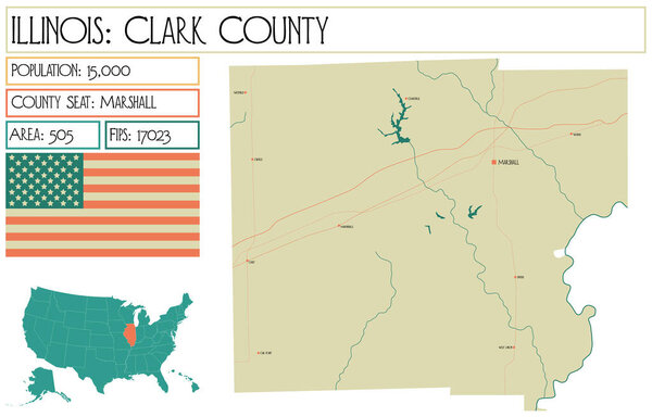 Детальная карта округа Кларк в Иллинойс, Соединенные Штаты Америки (США).