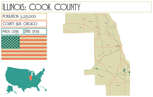 Большая и подробная карта округа Кук в Иллинойсе, США.