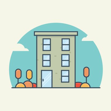 Düz bina ikonu vektör çizimi. Yapılandırma ve simge konsepti