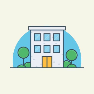 Düz bina ikonu vektör çizimi. Yapılandırma ve simge konsepti