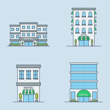 Otel Binası Vektör İllüstrasyon Seti