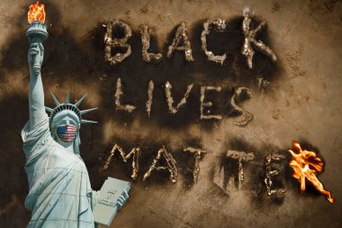 Siyahi Yaşamlar ABD kavramını protesto ediyor, tıbbi maskeli özgürlük heykeli insan hakları protestosu geçmişi, özgürlük ve adalet kavramı, ırkçılığa son verme, siyahlara karşı şiddeti durdurma Amerika Birleşik Devletleri siyah tarihi, ifade özgürlüğü
