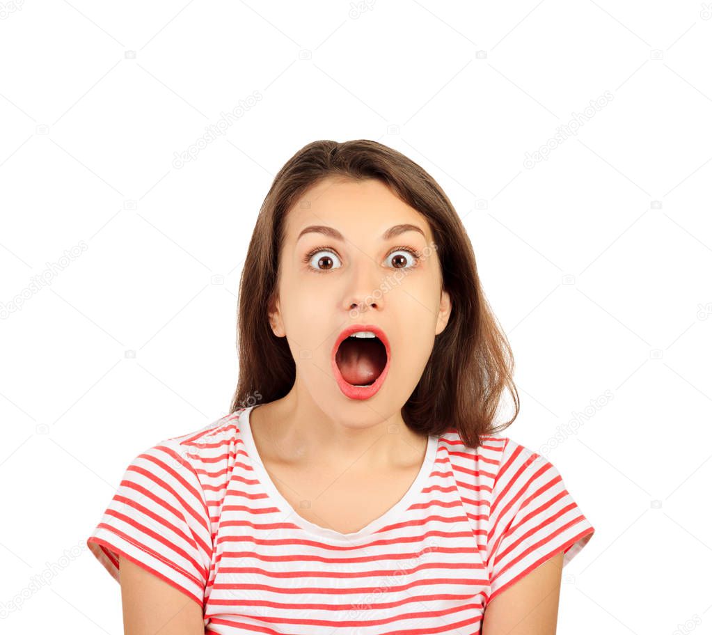 Surprised happy woman looking at the camera. emotional girl isolated on white background.