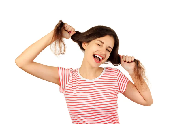 Deli Kadın Kavramı Mutluluk Sevinç Positiveness Duygusal Kız Beyaz Arka — Stok fotoğraf