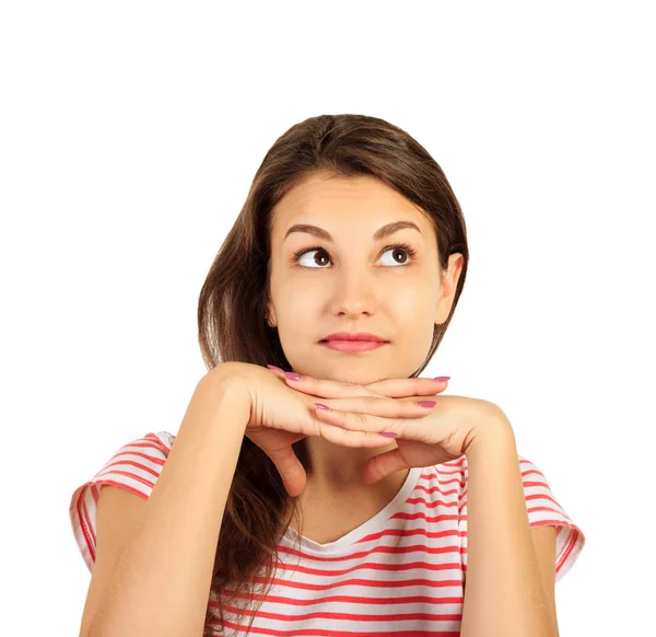 Laughing Girl Put Her Hands Her Chin Emotional Girl Isolated Stock Picture