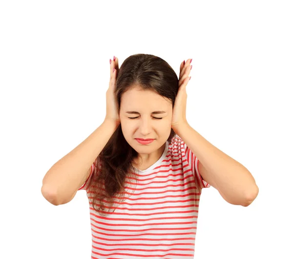 an exasperated girl covered her ears with her hands. emotional girl isolated on white background.