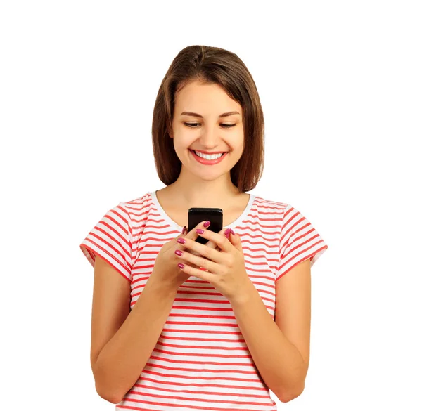 Młoda Kobieta Czerwonym Shirt Paski Patrzy Telefon Uśmiechy Szczęście Radość — Zdjęcie stockowe