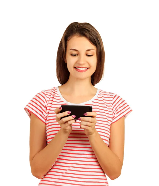 Uśmiechnięta Kobieta Wysyłanie Wiadomości Sms Telefon Komórkowy Dziewczynka Emocjonalność Izolowana — Zdjęcie stockowe