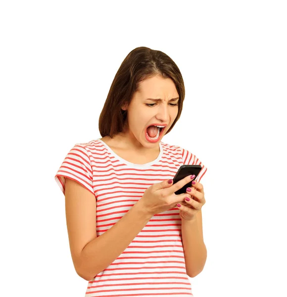 Angry Young Girl Screaming Mobile Phone Emotional Girl Isolated White — Stock Photo, Image
