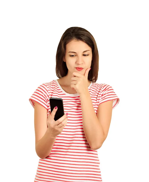 Beautiful Thought Thinking Woman Checking Her Mobile Phone Emotional Girl — Stock Photo, Image