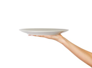 insan eli boş plakalı beyaz arka plan üzerinde izole. perspektif görünümü, beyaz arka plan üzerinde izole.