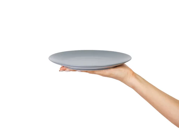 Blank Empty Gray Matte Plate Female Hand Perspective View Isolated — Stock Photo, Image