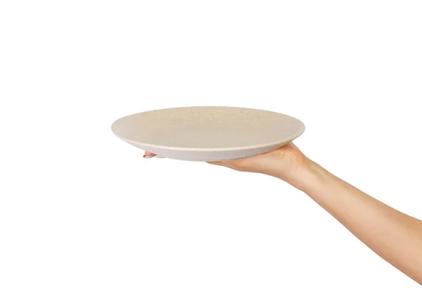 Blank Empty Gray Matte Plate Female Hand Perspective View Isolated — Stock Photo, Image