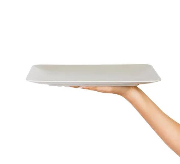 Blank White Matte Rectangular Plate Female Hand Perspective View Isolated — Stock Photo, Image