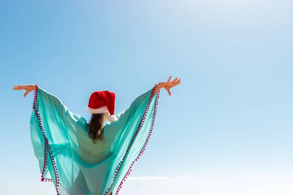 Özgürlük Ücretsiz Mutluluk Mutluluk Plaj Noel Şapka Kadınla Kopya Alanı — Stok fotoğraf