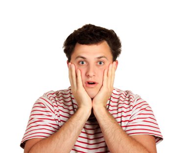 Erkek ağız geniş açılış funky saç modeli ile açılan ve kamera baktıktan sonra el ile dokunaklı yüz iyi haber aldı. duygusal adam beyaz arka plan üzerinde izole.