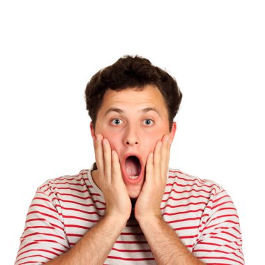 Şok adam açtı ve yüzünü elleri ile dokunarak ağız geniş açma. duygusal adam beyaz arka plan üzerinde izole.