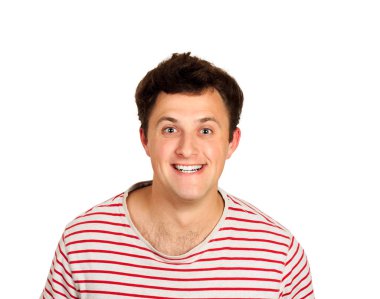 çılgın genç adam mutlu poz. duygusal adam beyaz arka plan üzerinde izole.