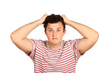 Umutsuzluk adam ellerini başını tutar. duygusal adam beyaz arka plan üzerinde izole.