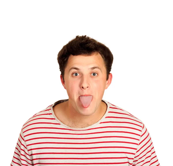 Genç adam gösteren dilidir. duygusal adam beyaz arka plan üzerinde izole.