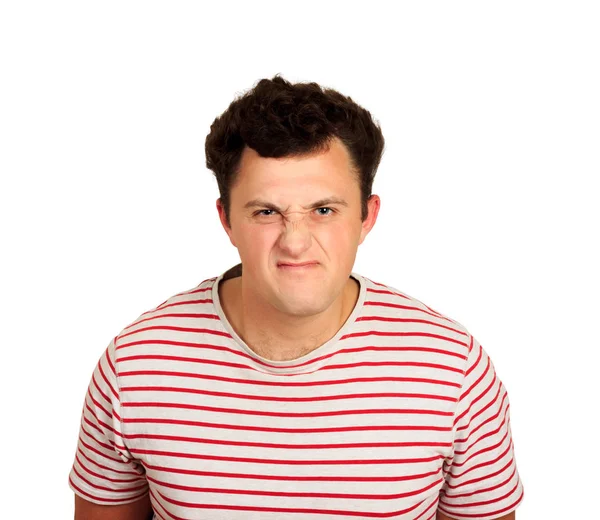 Siyah saçlı mutsuz ve depresif adam utanç veya hasta hissediyorum portresi. duygusal adam beyaz arka plan üzerinde izole.