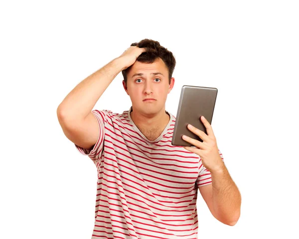 Chico Sorprendido Mirando Cámara Sosteniendo Una Tableta Chico Emocional Aislado — Foto de Stock