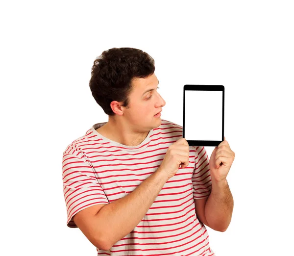 Zdjęcie Pomocą Tabletu Pusty Ekran Biały Człowiek Emocjonalne Facet Białym — Zdjęcie stockowe