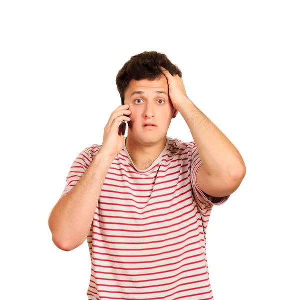 Mann Bekommt Schlechte Nachrichten Telefon Emotionaler Kerl Isoliert Auf Weißem — Stockfoto