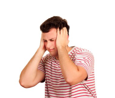 Üzgün adam kafasına elleriyle. duygusal adam beyaz arka plan üzerinde izole.