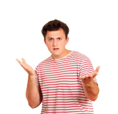 Adam önemli bir şey unuttum. Shrugging ve palm söz konusu yükselterek çekici bir adam. adam ne olup bittiğini anlamak değil. duygusal adam beyaz arka plan üzerinde izole.