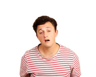 Yavaşla ve tekrar söyle. şaşkın duygu hiçbir ipucu ne oluyor, kalıntı ile uyanış uykulu birisinin. duygusal adam beyaz arka plan üzerinde izole.