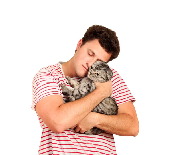 Tipo Sosteniendo Gato Británico Sus Brazos Abrazándola Hombre Emocional Aislado — Foto de Stock