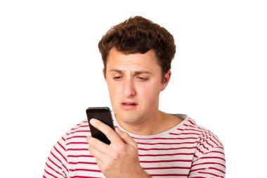 A crying man reads a text message on his phone. Sms with bad news. emotional man isolated on white background. clipart