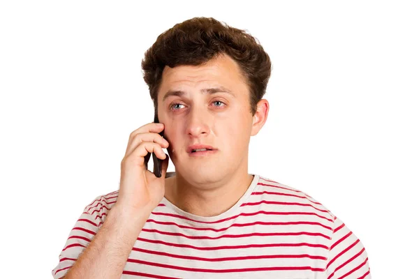 Joven Llorando Por Las Malas Noticias Que Está Recibiendo Teléfono — Foto de Stock