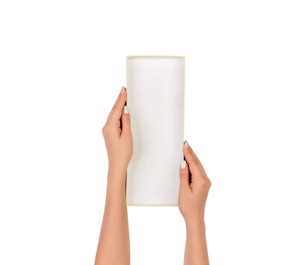 Kobieta Ręce Trzymać Pojemnik Biały Papier Puste Pole Schludny Top — Zdjęcie stockowe