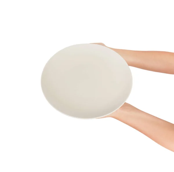 Lege Lege Ronde Grijze Matte Plaat Vrouwelijke Hand Perspectief Bekijken — Stockfoto